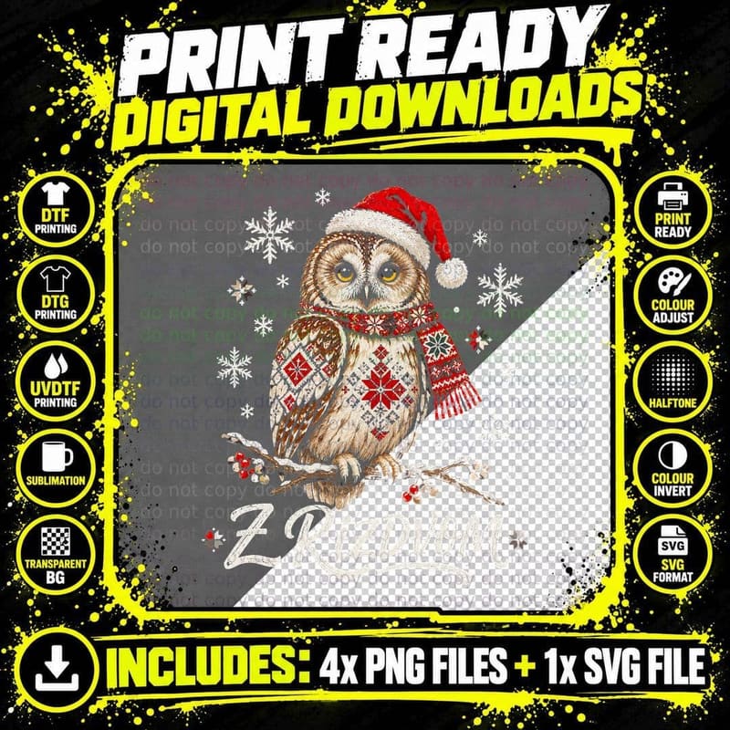Z Rizdvom Ukrainian Embroidered Owl Santa Hat Folk Christmas Halftone T-Shirt Png SVG Digital Bundle
