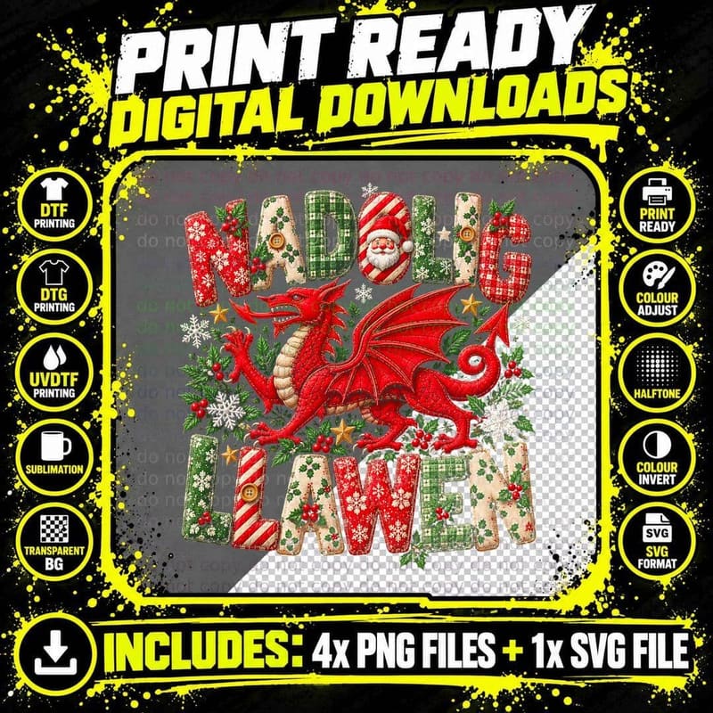 Welsh Red Dragon Christmas Greeting Pattern Letters Xmas Png SVG Digital Bundle