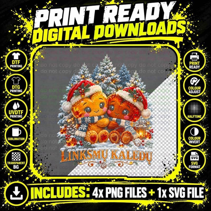 Linksmu Kaledu Lithuanian Christmas Plush Amber Heart Couple Halftone T-Shirt Png SVG Digital Bundle
