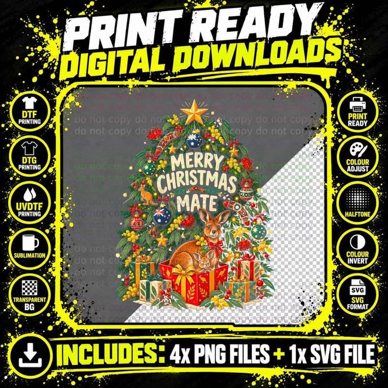 Merry Christmas Mate Kangaroo Joey Present Box Aussie Xmas Tree Halftone T-Shirt Png SVG Digital Bundle