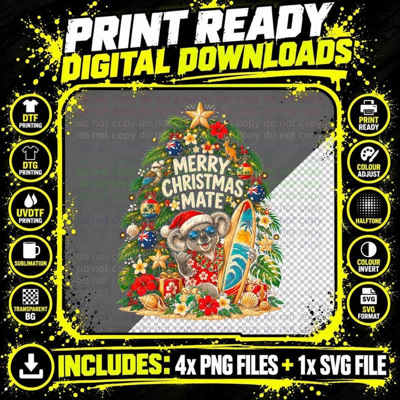 Merry Christmas Mate Surfing Koala Sunglasses Aussie Xmas Tree Halftone T-Shirt Png SVG Digital Bundle