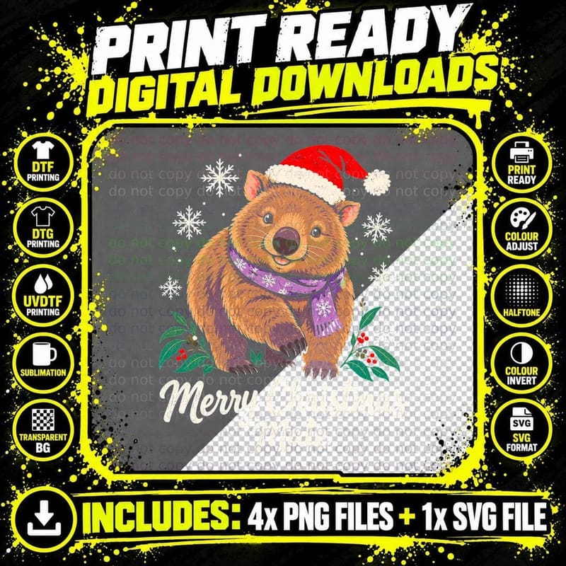 Merry Christmas Mate Wombat Santa Hat Scarf Australian Animal Halftone T-Shirt Png SVG Digital Bundle