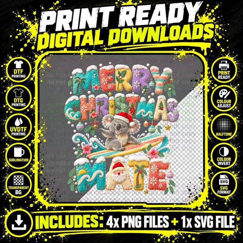 Merry Christmas Mate Koala Surfing Knitted Letters Xmas Jumper Halftone T-Shirt Png SVG Digital Bundle