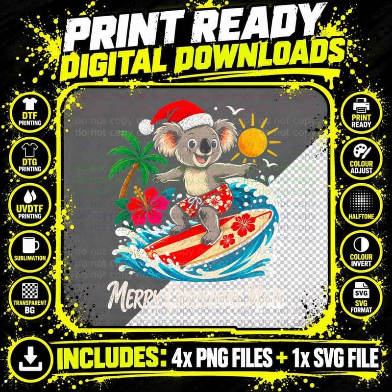 Merry Christmas Mate Surfing Koala Board Shorts Summer Beach Halftone T-Shirt Png SVG Digital Bundle