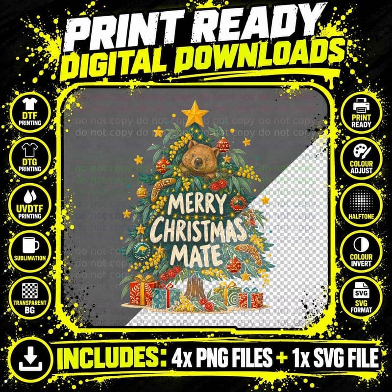 Australian Wombat Christmas Merry Christmas Mate Retro Png SVG Digital Bundle
