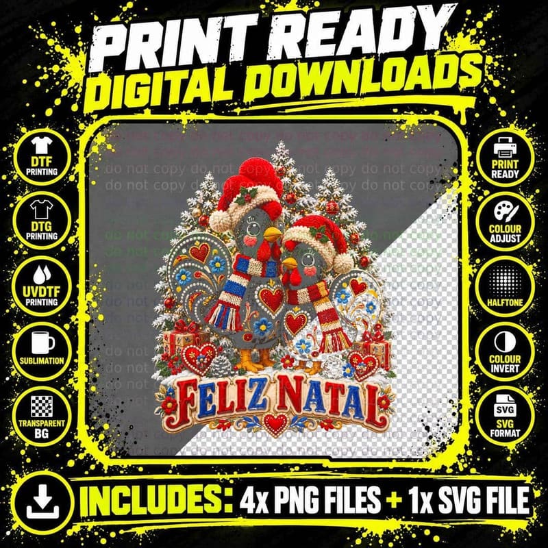 Feliz Natal Barcelos Rooster Pair Portuguese Christmas Hearts Halftone T-Shirt Png SVG Digital Bundle