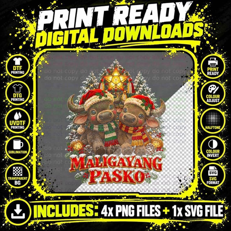 Maligayang Pasko Carabao Couple Parol Star Filipino Christmas Halftone T-Shirt Png SVG Digital Bundle