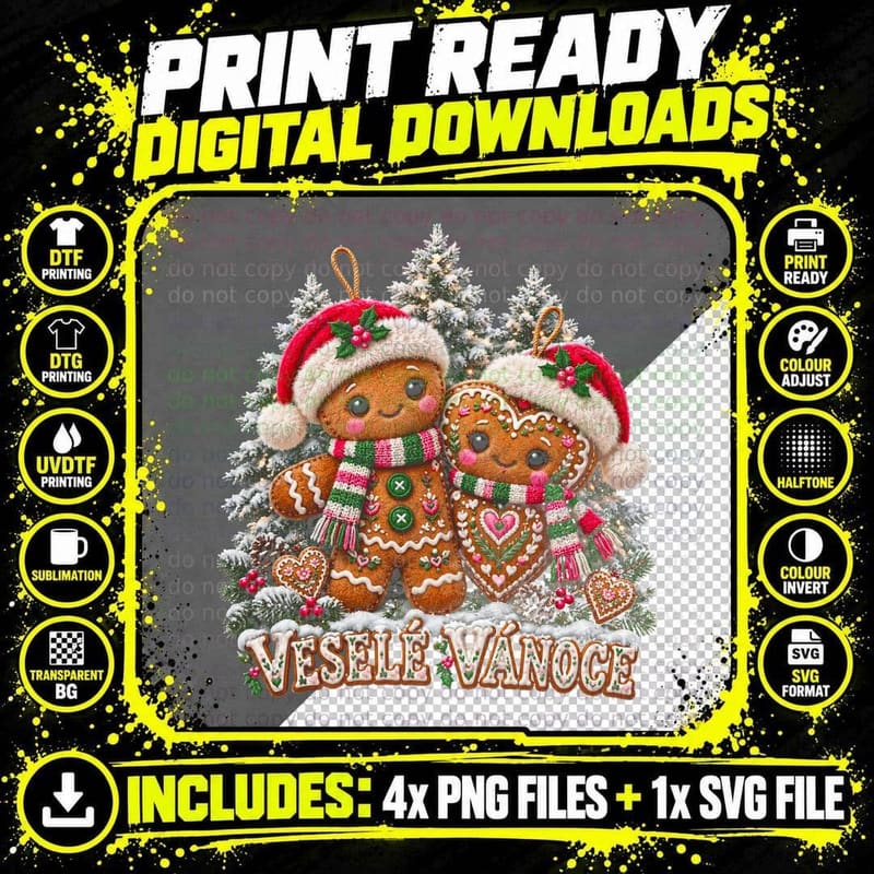 Vesele Vanoce Gingerbread Couple Czech Christmas Ornaments Halftone T-Shirt Png SVG Digital Bundle