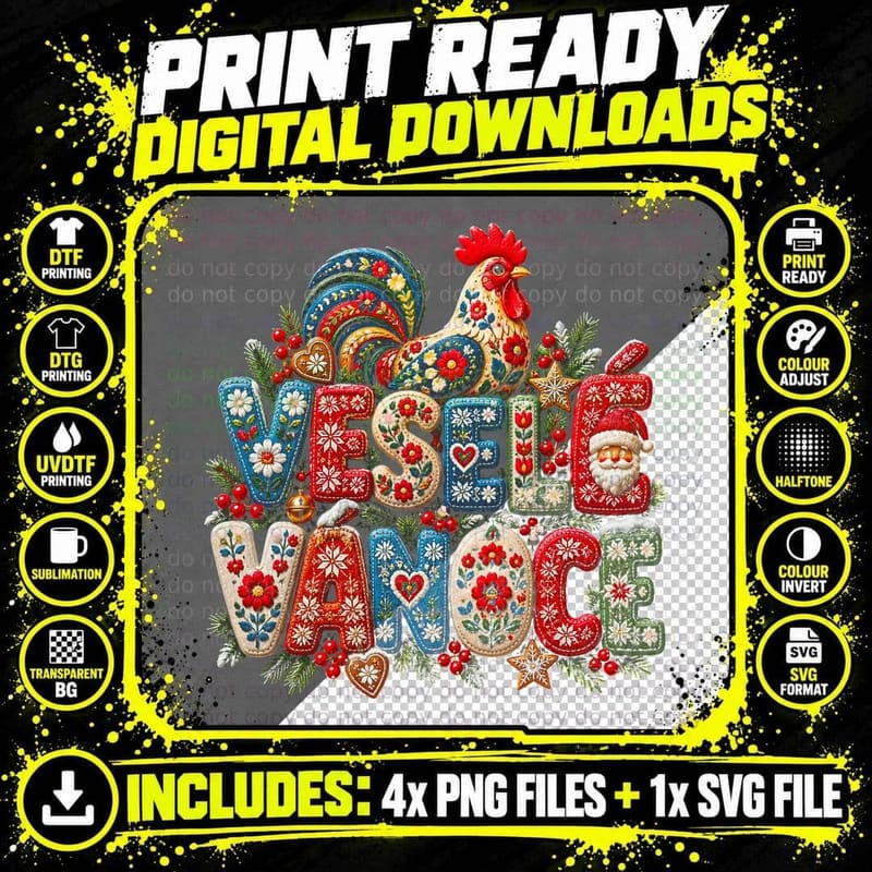 Czech Rooster Ugly Sweater Christmas Folk Vintage Png SVG Digital Bundle