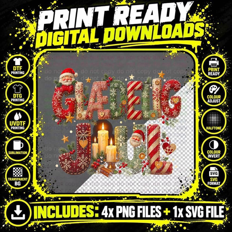 Danish Christmas Hygge Candles Ugly Sweater Glaedelig Png SVG Digital Bundle
