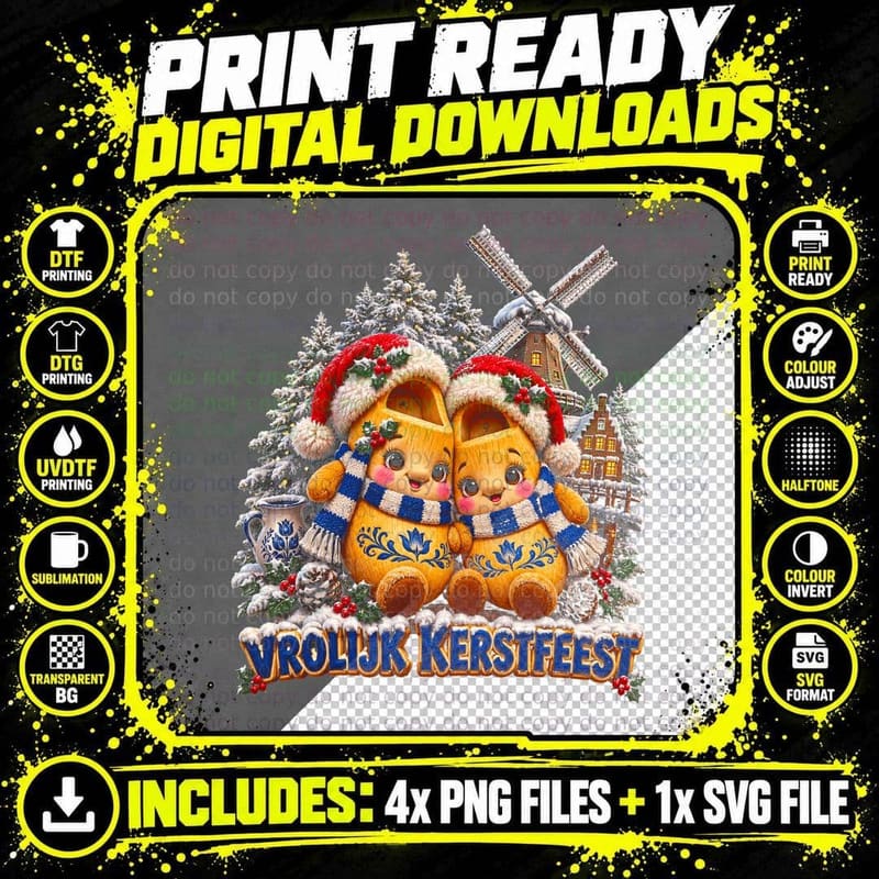 Dutch Wooden Clogs Christmas Windmill Cute Plush Retro Png SVG Digital Bundle
