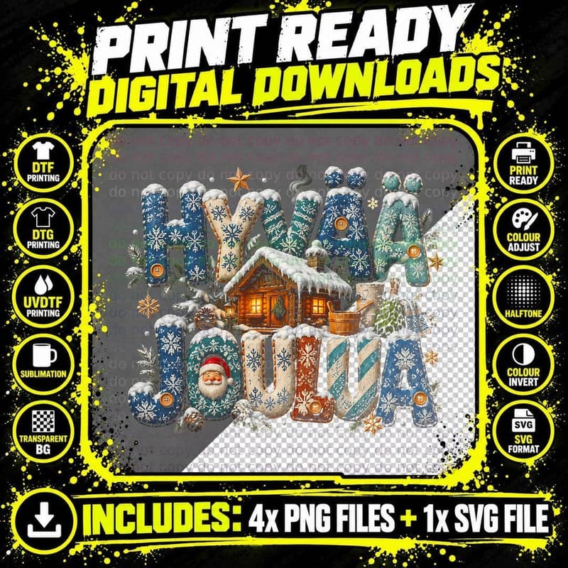 Finnish Christmas Sauna Cabin Ugly Sweater Hyvaa Joulua Png SVG Digital Bundle