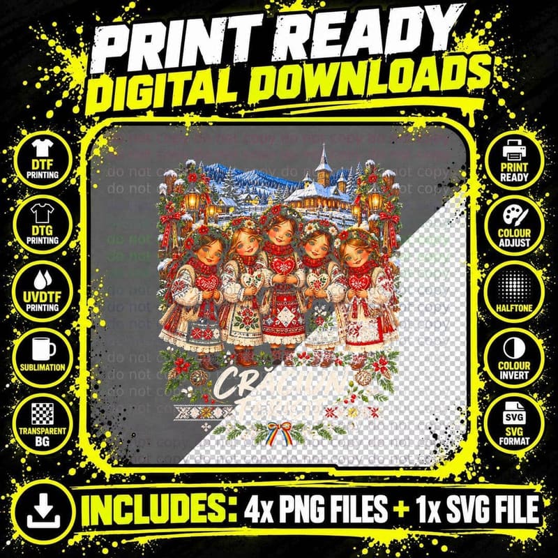 Craciun Fericit Romanian Folk Costume Christmas Carol Singers Halftone T-Shirt Png SVG Digital Bundle