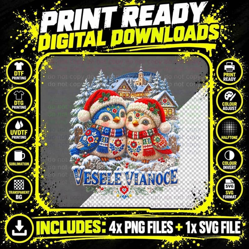 Vesele Vianoce Slovak Folk Birds Santa Hats Christmas Village Halftone T-Shirt Png SVG Digital Bundle