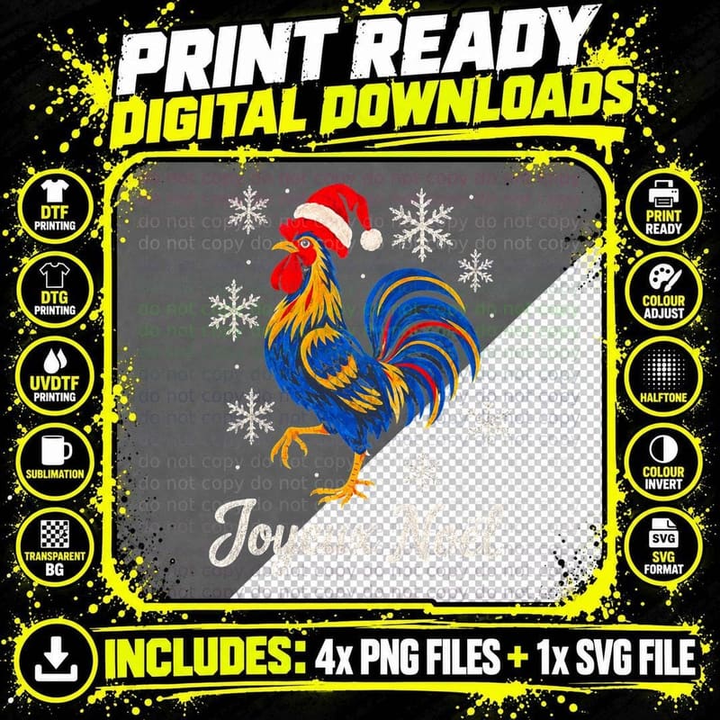 French Rooster Christmas Folk Joyeux Noël Holiday Png SVG Digital Bundle