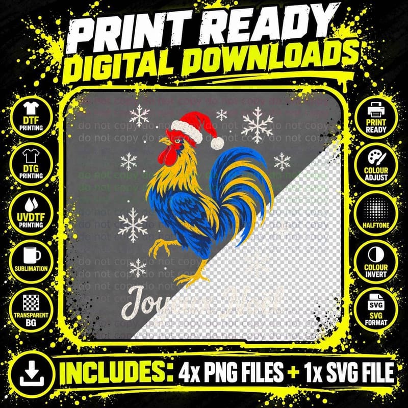 French Rooster Christmas Vintage Folk Joyeux Noël Png SVG Digital Bundle