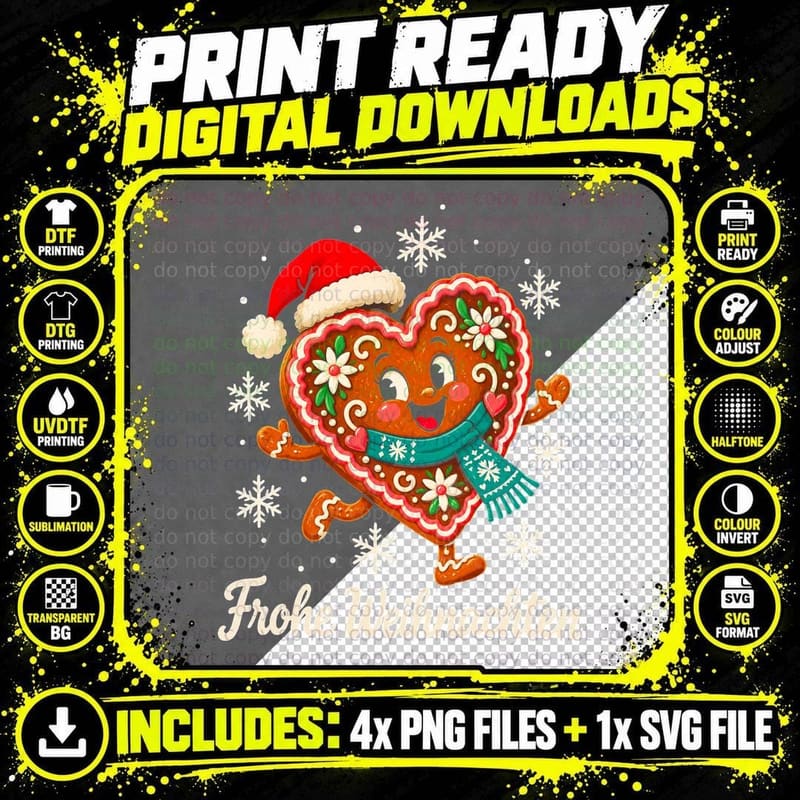 German Christmas Gingerbread Heart Frohe Weihnachten Png SVG Digital Bundle