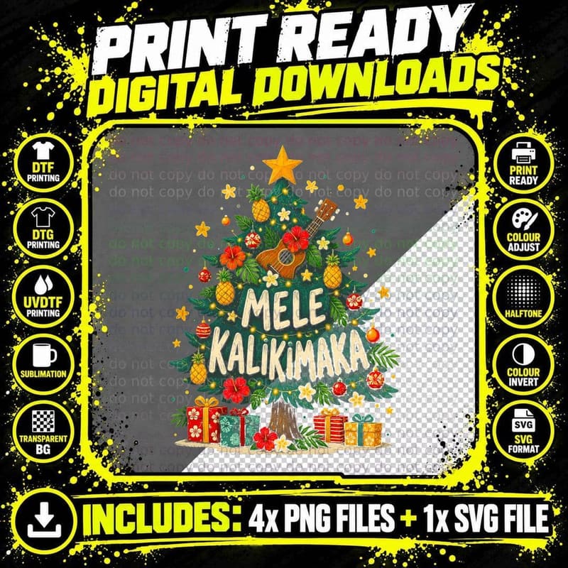 Mele Kalikimaka Hawaiian Christmas Tree Ukulele Pineapple Halftone T-Shirt Png SVG Digital Bundle