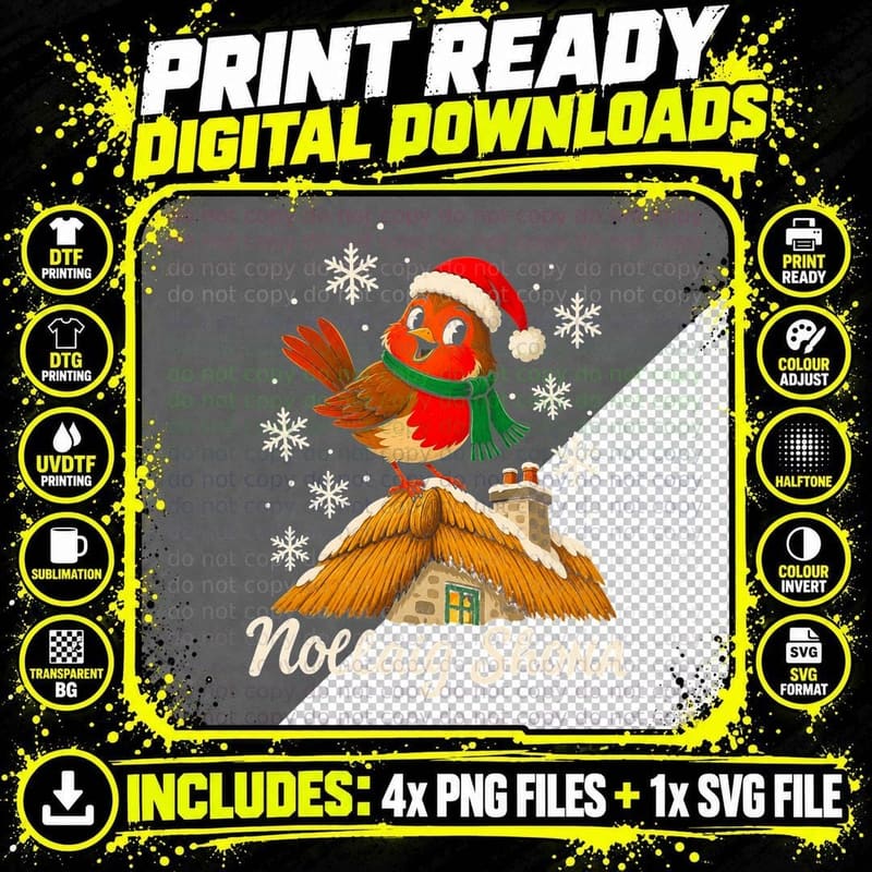 Irish Christmas Robin Nollaig Shona Cartoon Thatched Png SVG Digital Bundle