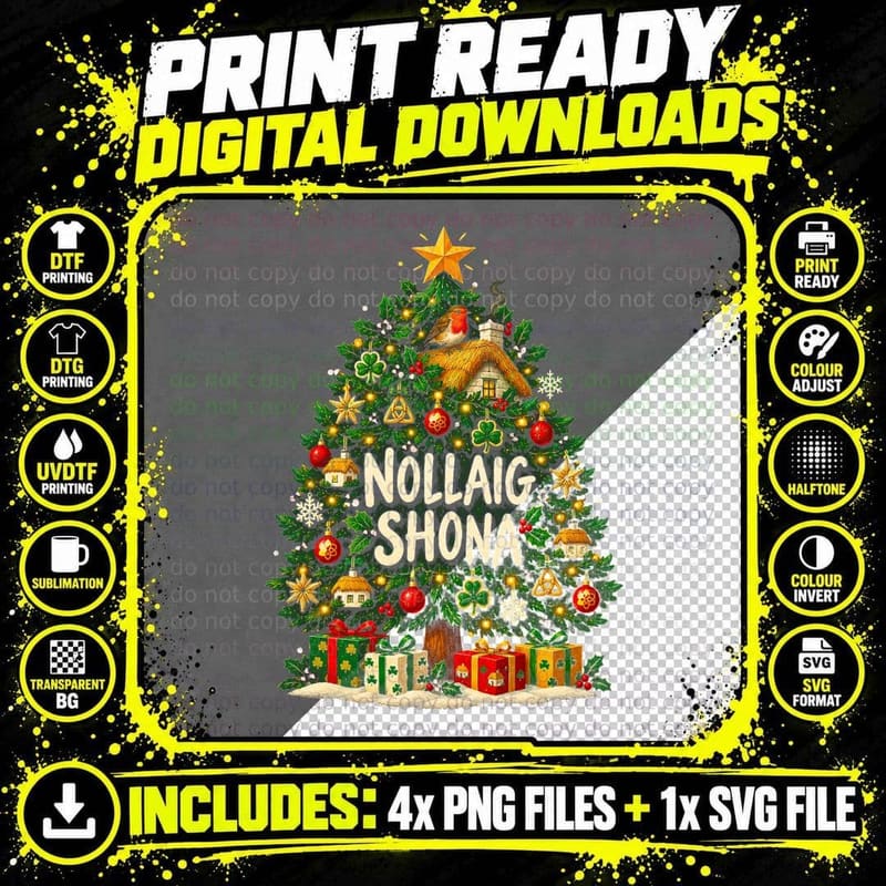 Nollaig Shona Irish Christmas Tree Shamrocks Robin Celtic Halftone T-Shirt Png SVG Digital Bundle