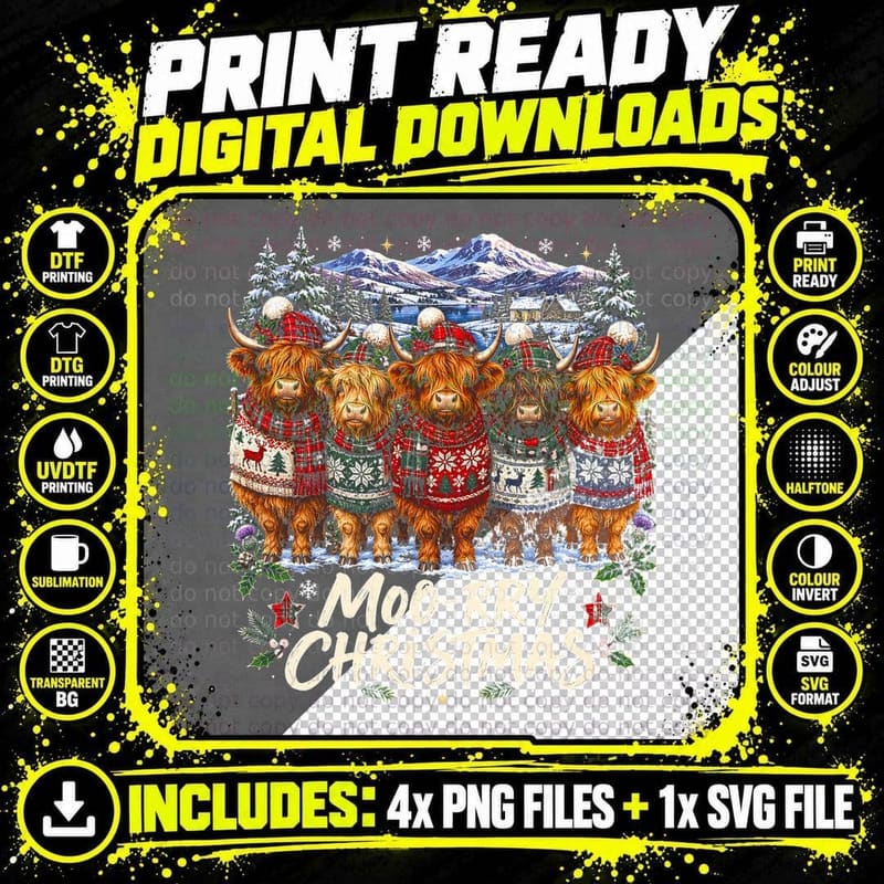 Moo-rry Christmas Highland Cow Herd Tartan Fair Isle Sweaters Halftone T-Shirt Png SVG Digital Bundle