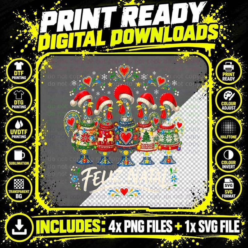Portuguese Barcelos Rooster Christmas Ugly Sweater Folk Png SVG Digital Bundle