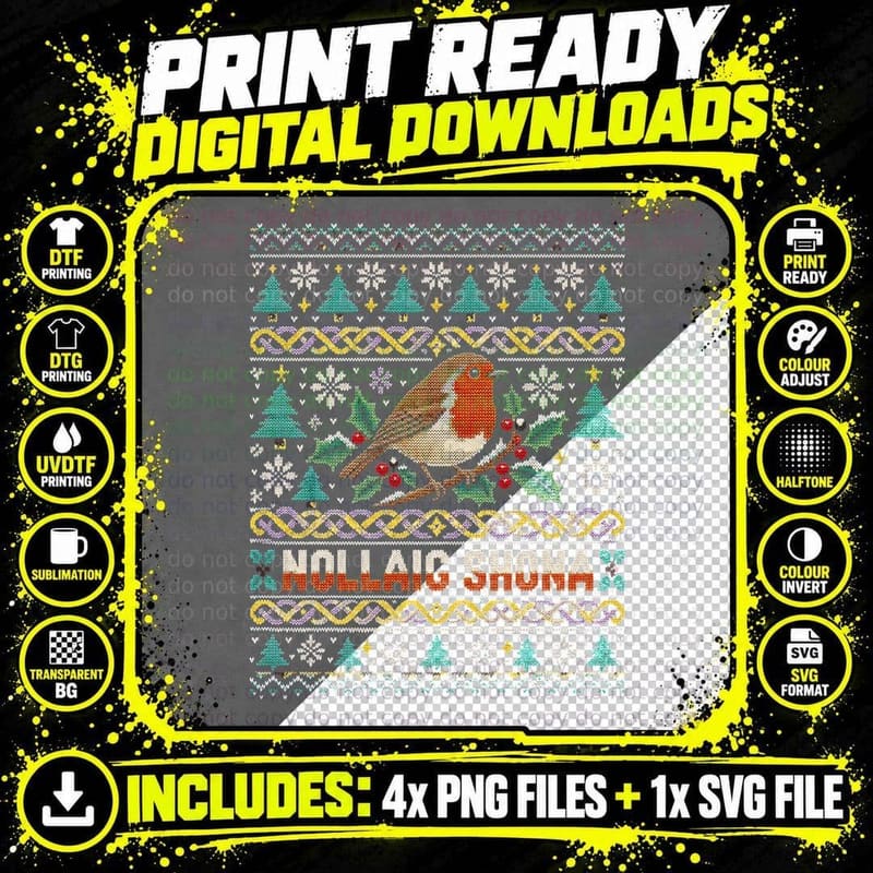 Nollaig Shona Robin Irish Christmas Ugly Sweater Celtic Knot Halftone T-Shirt Png SVG Digital Bundle