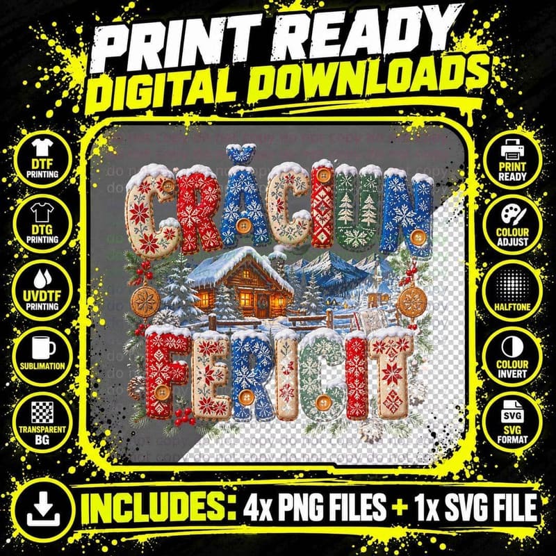 Romanian Christmas Carpathian Cabin Ugly Sweater Craciun Png SVG Digital Bundle