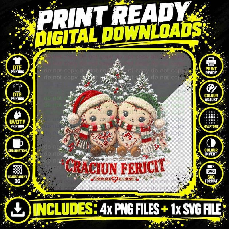 Craciun Fericit Embroidered Heart Dolls Romanian Xmas Scarves Halftone T-Shirt Png SVG Digital Bundle