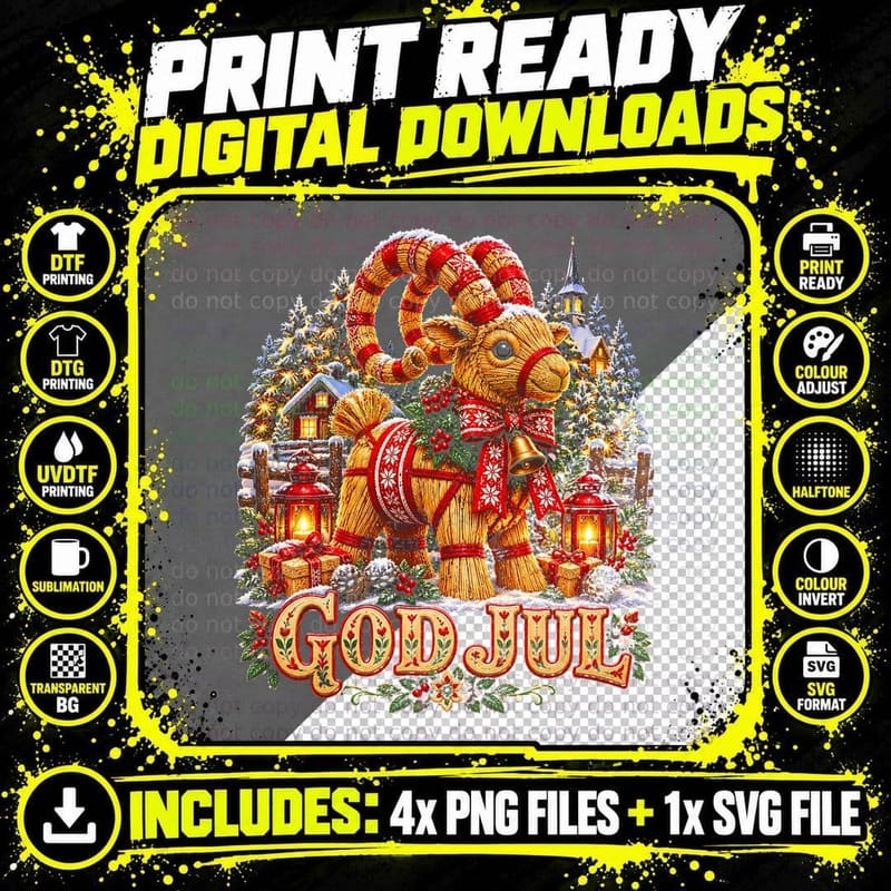 God Jul Straw Yule Goat Swedish Christmas Julbock Lanterns Halftone T-Shirt Png SVG Digital Bundle