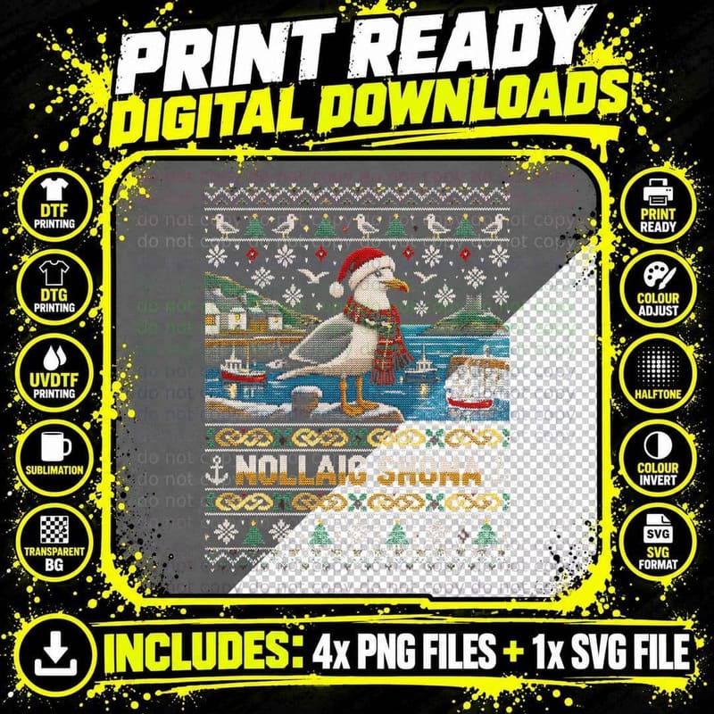 Nollaig Shona Seagull Santa Hat Harbour Christmas Ugly Sweater Halftone T-Shirt Png SVG Digital Bundle
