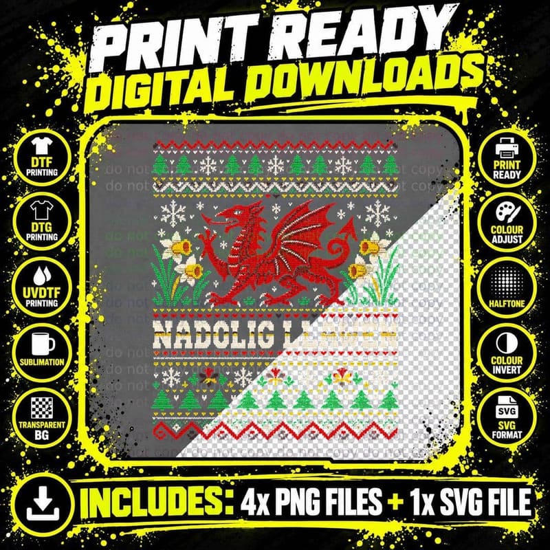 Nadolig Llawen Welsh Dragon Daffodils Christmas Ugly Sweater Halftone T-Shirt Png SVG Digital Bundle