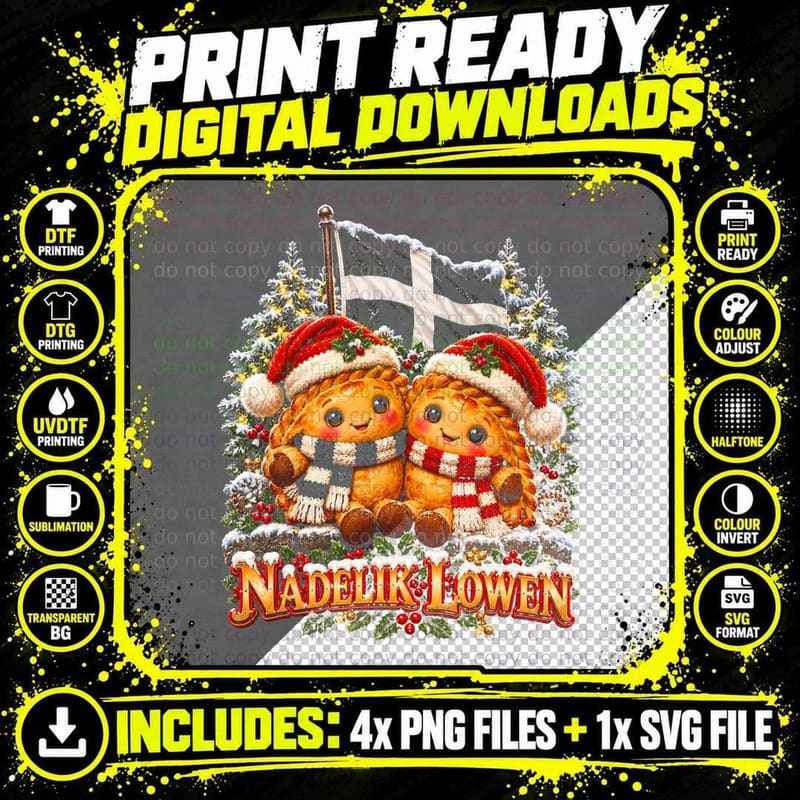 Nadelik Lowen Cornish Pasty Couple St Piran Flag Christmas Halftone T-Shirt Png SVG Digital Bundle