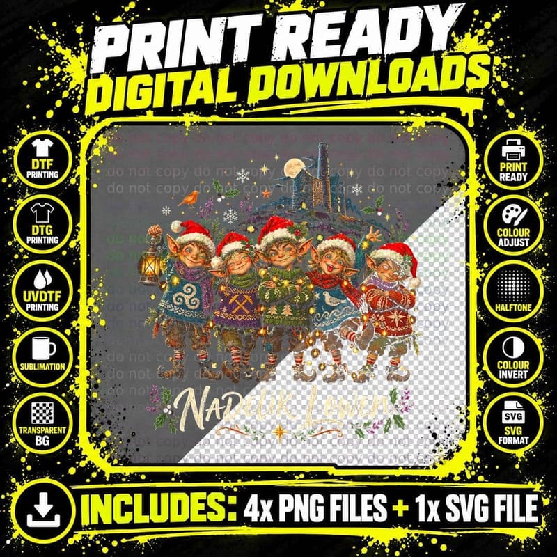 Nadelik Lowen Cornish Pixies Christmas Jumpers Lantern Cornwall Halftone T-Shirt Png SVG Digital Bundle