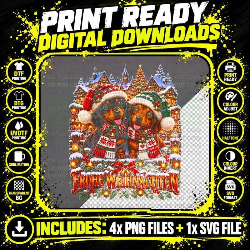 Frohe Weihnachten Dachshund Pair Sausage Dog German Christmas Halftone T-Shirt Png SVG Digital Bundle