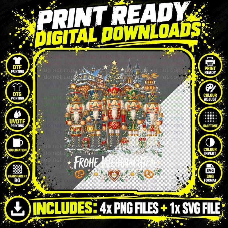 Frohe Weihnachten Nutcracker Soldiers German Christmas Pretzel Halftone T-Shirt Png SVG Digital Bundle