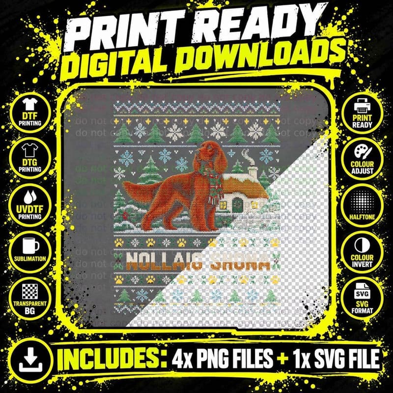 Nollaig Shona Irish Setter Christmas Ugly Sweater Dog Lover Halftone T-Shirt Png SVG Digital Bundle