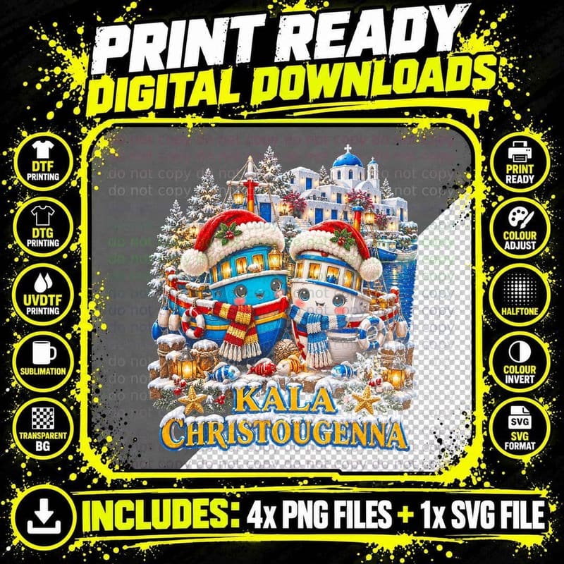 Kala Christougenna Plush Fishing Boats Greek Island Christmas Halftone T-Shirt Png SVG Digital Bundle
