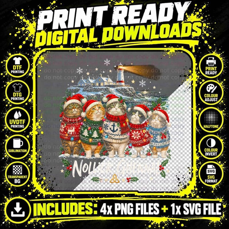 Nollick Ghennal Manx Cats Christmas Sweaters Lighthouse Festive Halftone T-Shirt Png SVG Digital Bundle