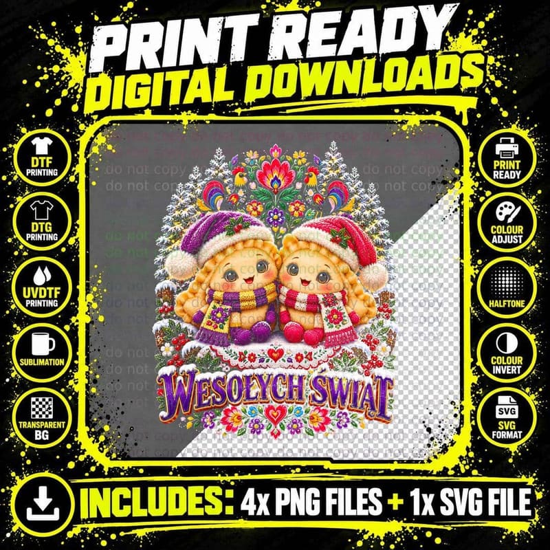 Wesolych Swiat Pierogi Couple Polish Christmas Food Cute Plush Halftone T-Shirt Png SVG Digital Bundle