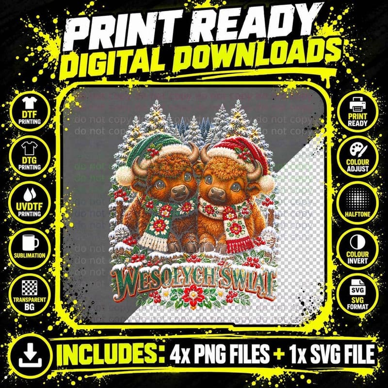 Wesolych Swiat Plush Bison Couple Polish Woodland Christmas Halftone T-Shirt Png SVG Digital Bundle
