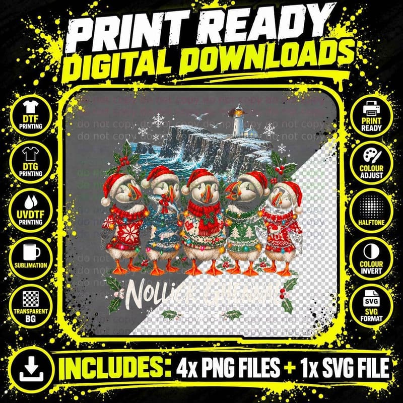 Nollick Ghennal Puffins Christmas Sweaters Cliffside Lighthouse Halftone T-Shirt Png SVG Digital Bundle