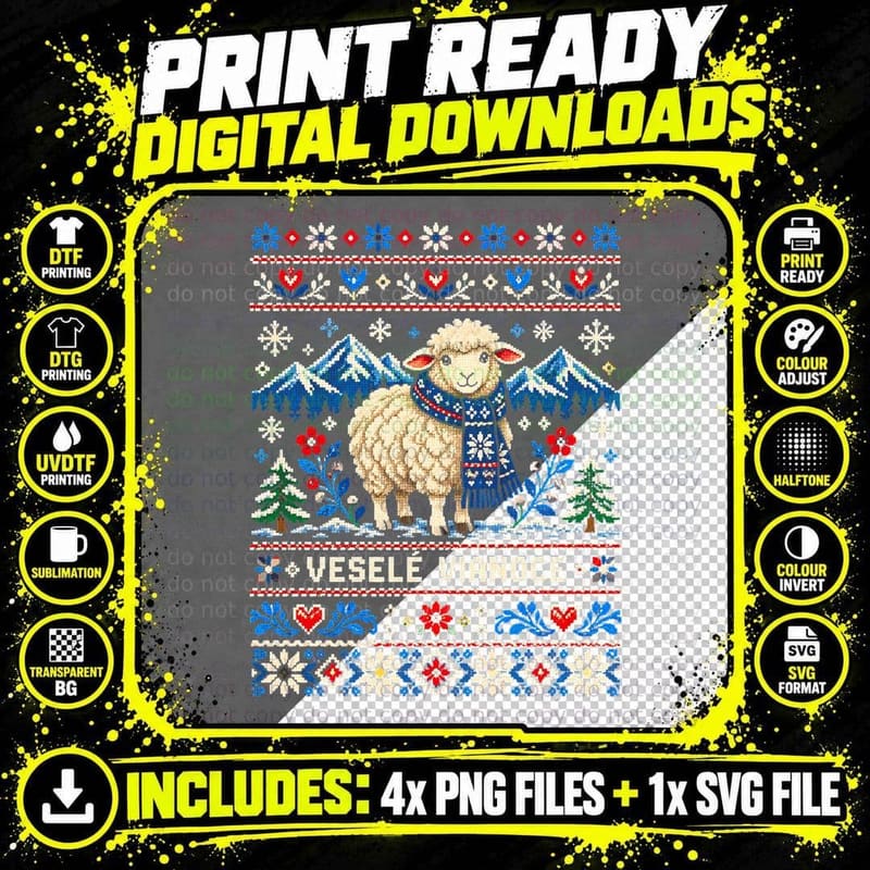 Vesele Vianoce Slovak Sheep Folk Christmas Ugly Sweater Knitted Halftone T-Shirt Png SVG Digital Bundle