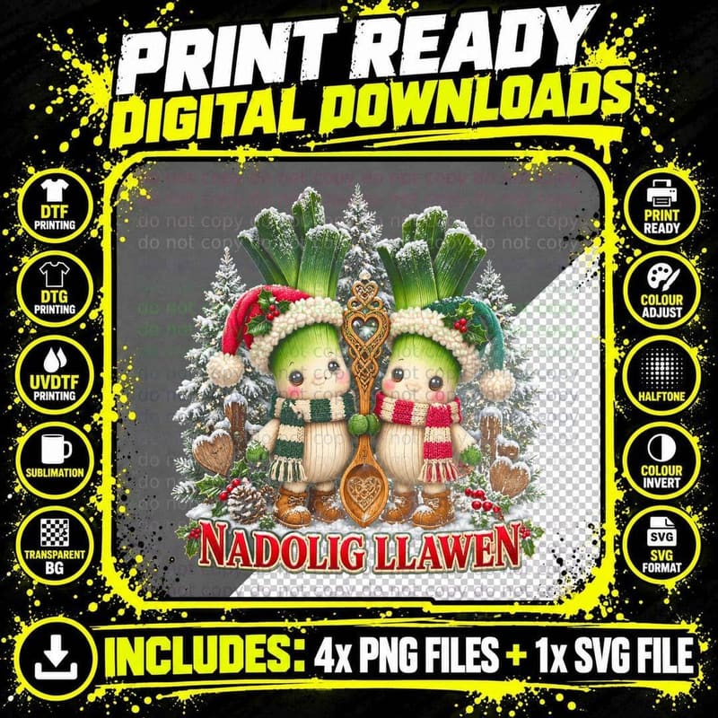Nadolig Llawen Plush Leeks Love Spoon Welsh Christmas Cute Halftone T-Shirt Png SVG Digital Bundle