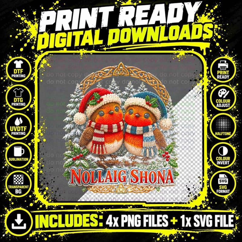 Nollaig Shona Plush Robins Snuggled Irish Christmas Birds Halftone T-Shirt Png SVG Digital Bundle