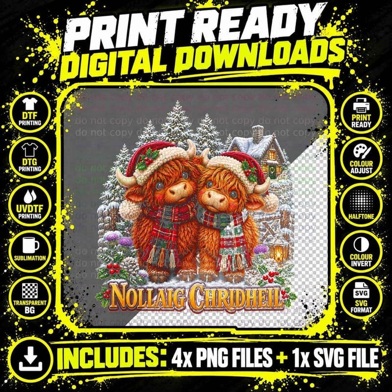 Nollaig Chridheil Highland Cow Plush Couple Scottish Christmas Halftone T-Shirt Png SVG Digital Bundle