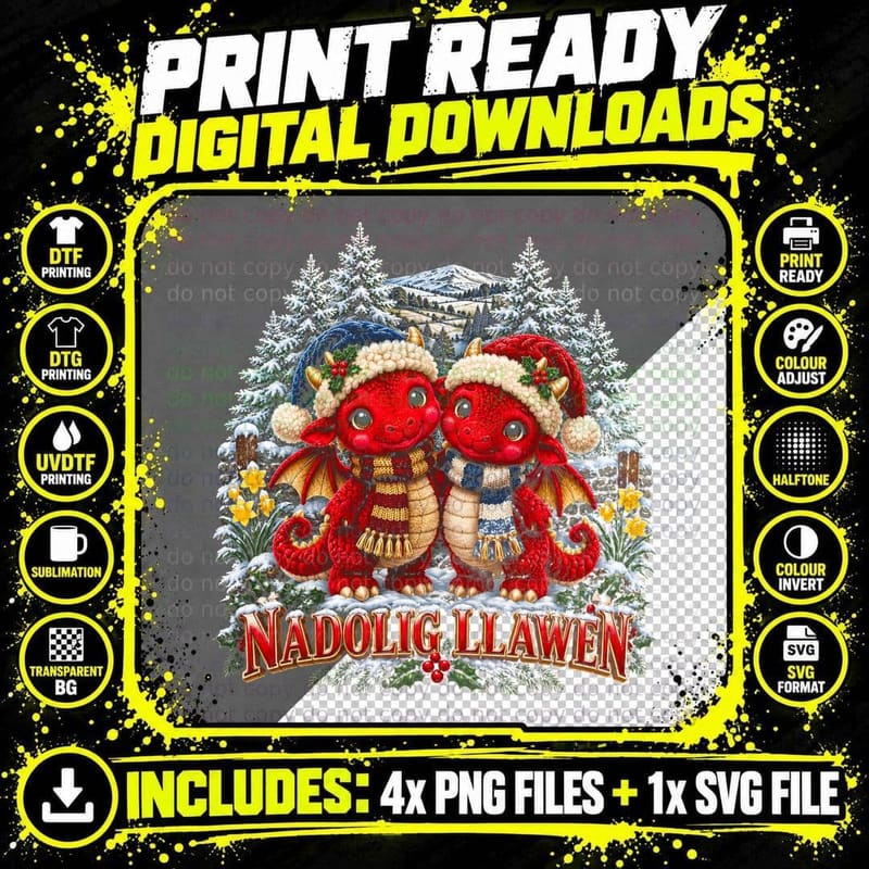 Nadolig Llawen Welsh Red Dragons Plush Couple Christmas Wales Halftone T-Shirt Png SVG Digital Bundle