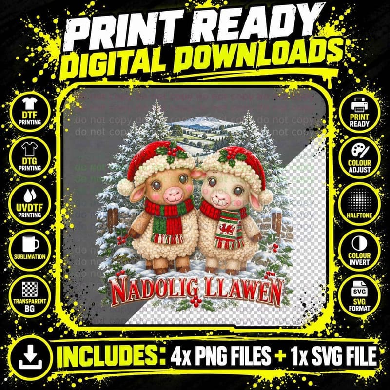 Nadolig Llawen Welsh Sheep Plush Couple Dragon Scarf Christmas Halftone T-Shirt Png SVG Digital Bundle