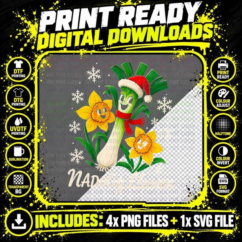 Welsh Christmas Daffodil Leek Nadolig Llawen Cartoon Png SVG Digital Bundle