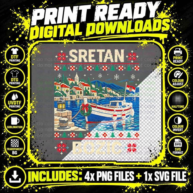 Sretan Bozic Croatian Harbour Boat Adriatic Christmas Sweater Halftone T-Shirt Png SVG Digital Bundle